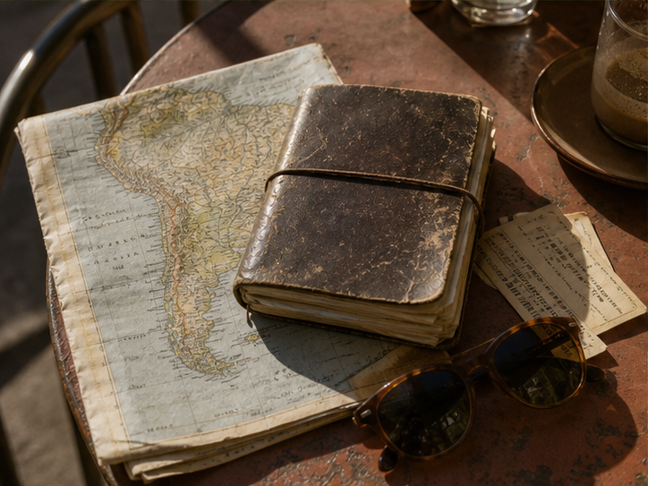A travel notebook and map of South America on a café table